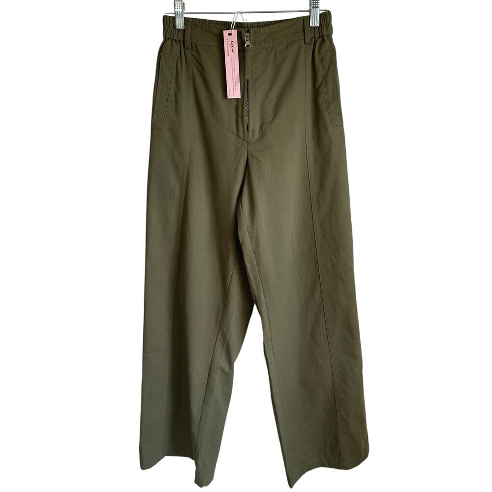 Qinsen NWT Wide Leg Cotton Cargo Pants Sz XS Green Pockets Casual Granola Girl